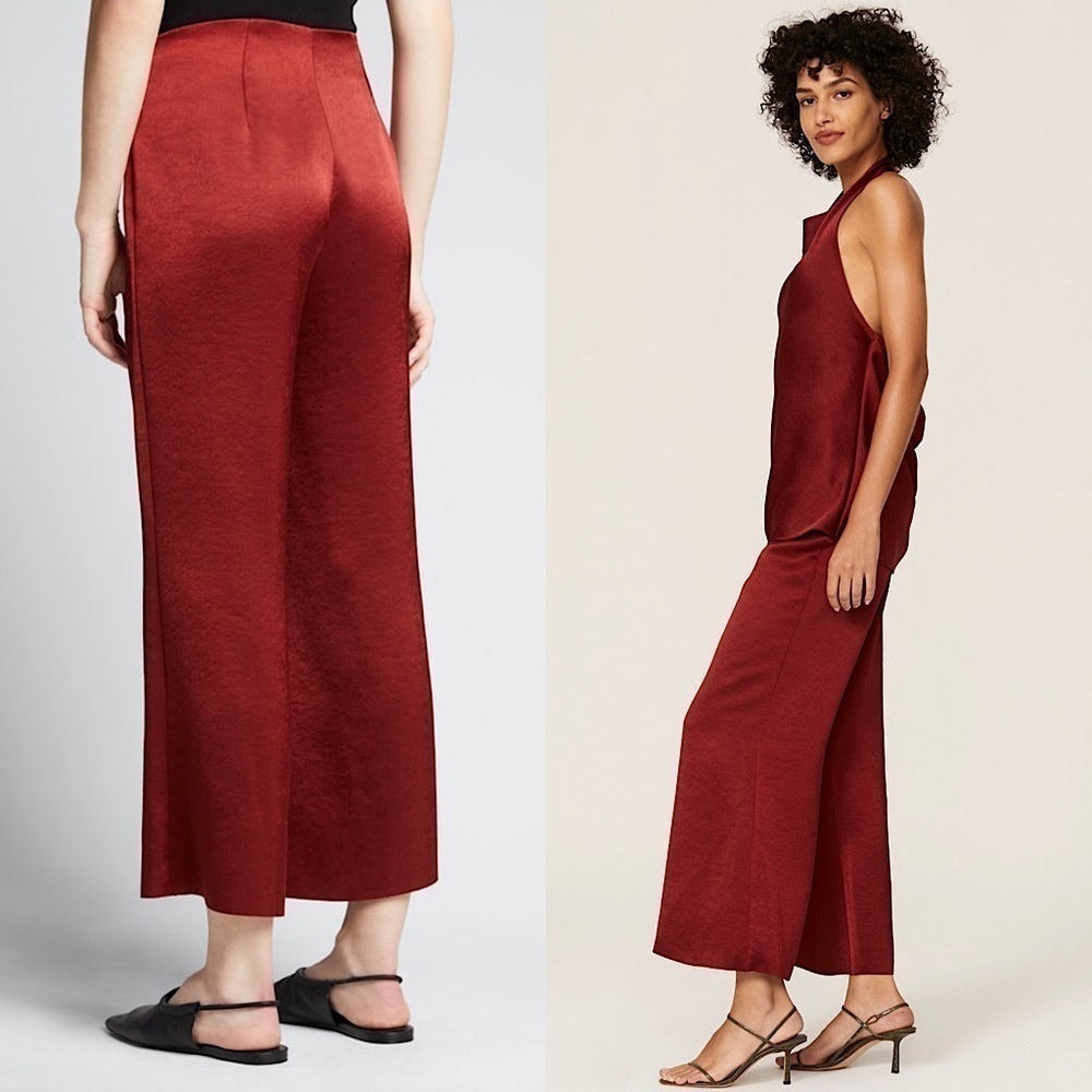 VINCE Crimson‎ Satin High Rise Wide Leg Flowy Flare Trouser Pants 6 - Picture 3 of 9